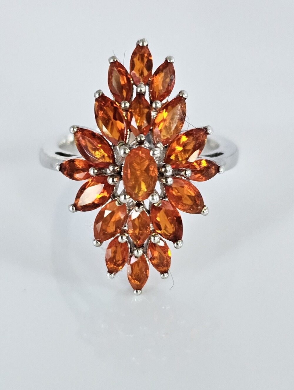 Genuine Fire Opal Cluster Ring Sterling Silver Platinum Finish. Size 6